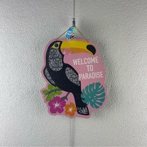 Retro l Luau Tiki Tropical Toucan Parrot Bird Floral Glitter Hanging Decor Sign